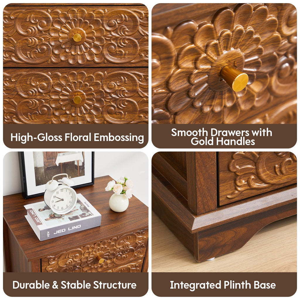5 Drawer Dresser, 20"W Narrow Chest of Drawers, Walnut Floral