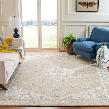 Micro-Loop Area Rug - 9' x 12', Light Grey & Ivory, Handmade Medallion Wool