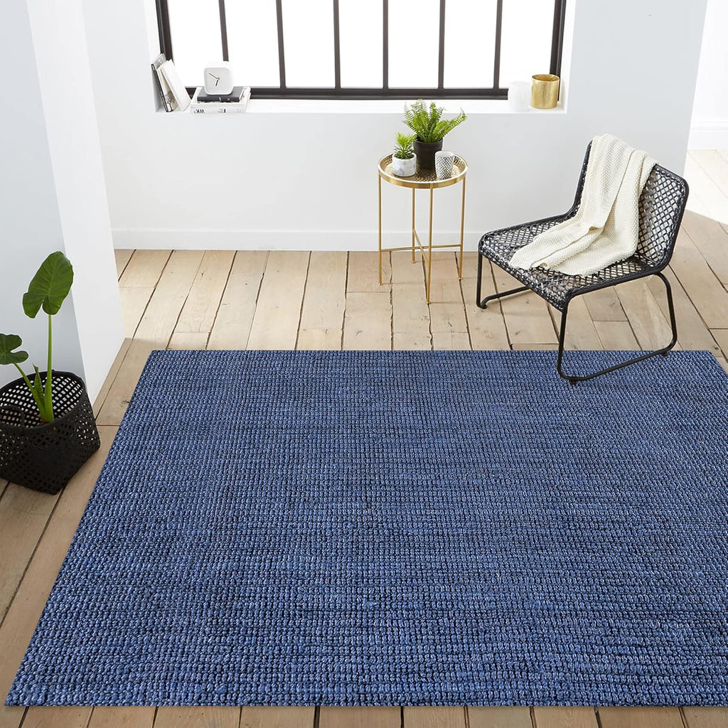 Pata Hand Woven Chunky Jute Navy Area Rug, 9x12, Bohemian, Rustic, Cottage, Easy-Cleaning