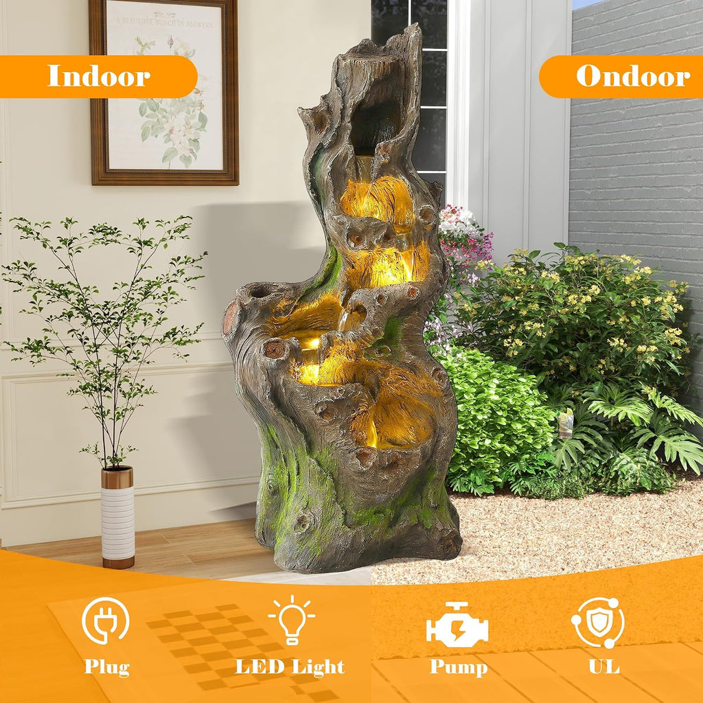 Outdoor Water Fountain, 40" H Tree Trunk Fountain with 5 Waterfalls, 6 Tiers Cascading Garden Water Feature with LED