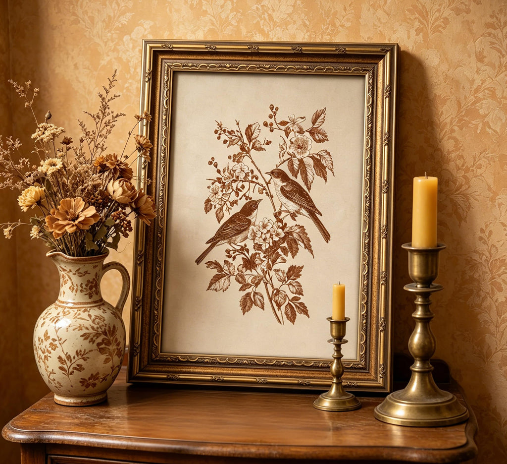 Vintage Gold Framed Canvas Wall Art Sketch Bird Painting Picture Wall Decor Botanical Flowers Sparrow Poster Print