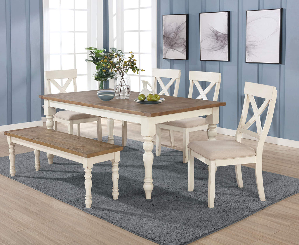 Prato 6-Piece Dining Set, Dining Table with 4 Cross Back Chairs and Bench, Antique White and Distressed Oak Finish