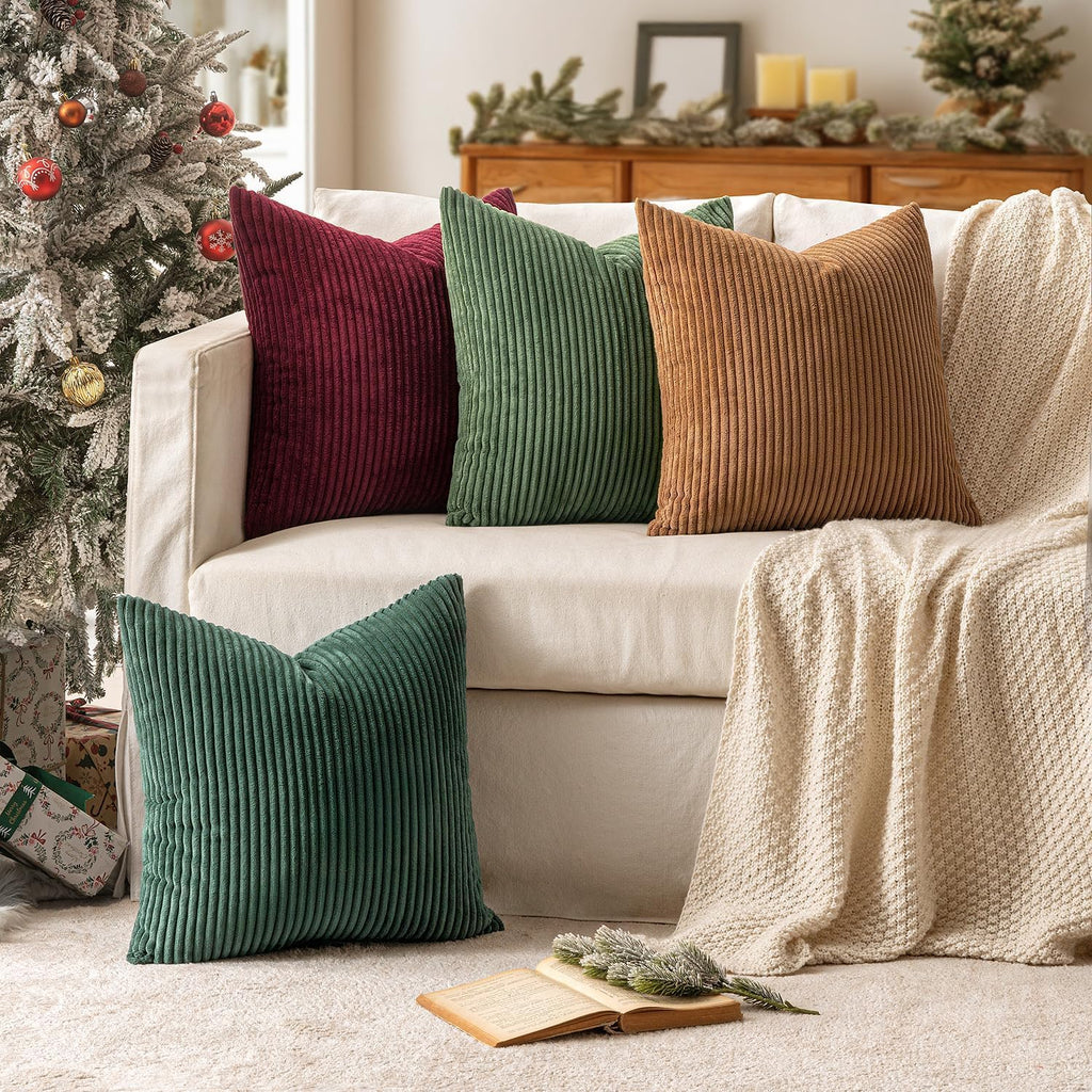 Soft Corduroy Decorative Throw Pillow Covers Christmas Green 20x20 - Set of 4
