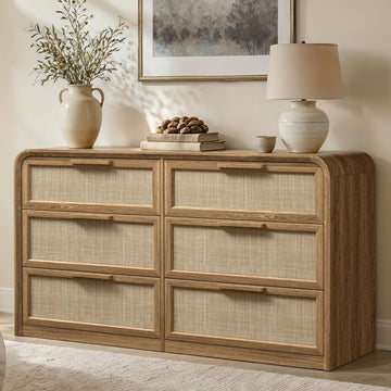 56.7" Curved 6 Drawer Rattan Dresser for Closet, Natural Oak | Wood Chest of Drawers Boho Bedroom Dressers, 1.2"