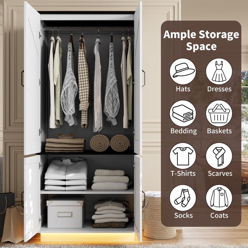 White Armoire Wardrobe Closet with 2 Doors and LED Lights