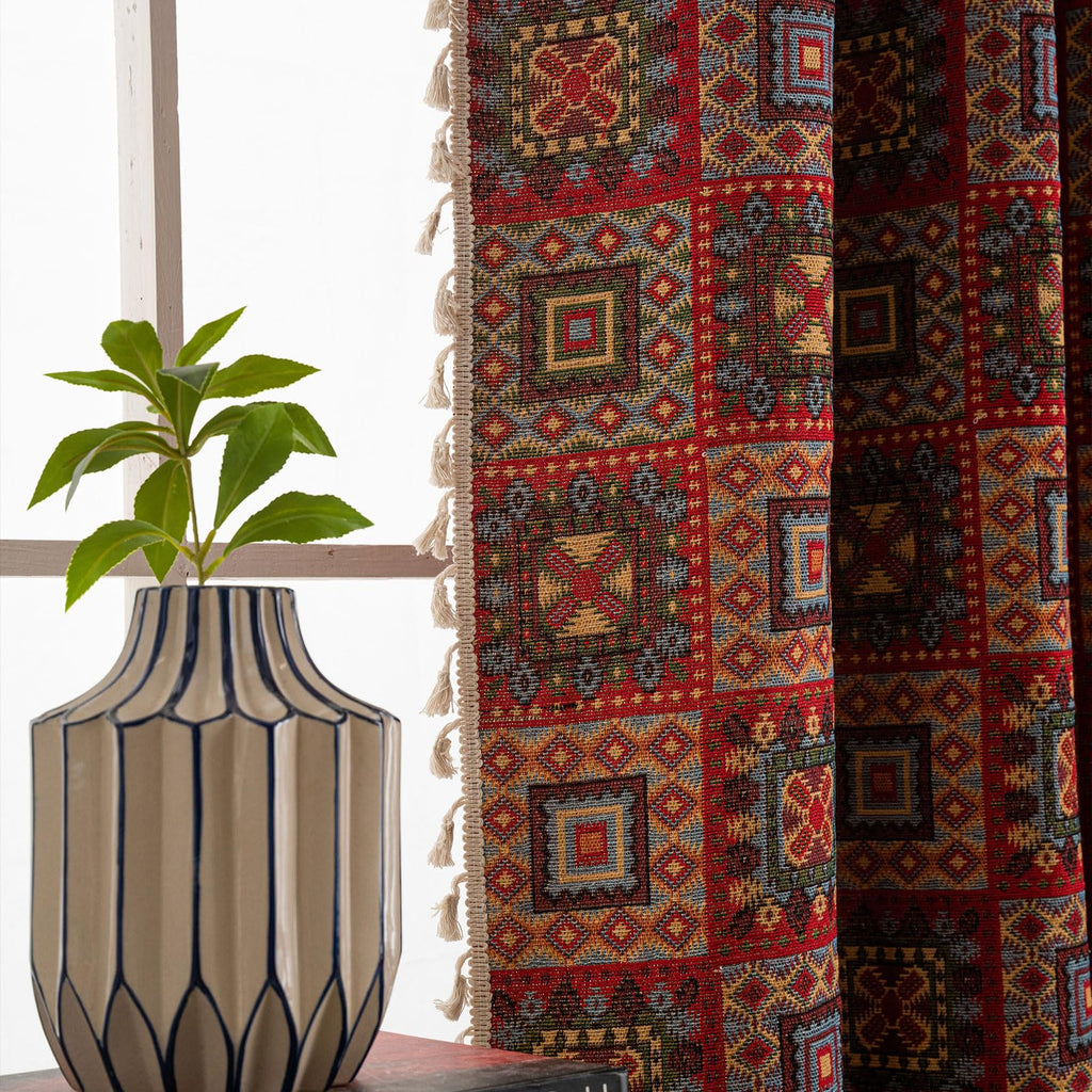 Patchwork 84 Inch Curtains Boho Drapes Bedroom Jacquard Bohemian Floor Length Window Curtains 2 Panels Semi Sheer Rod