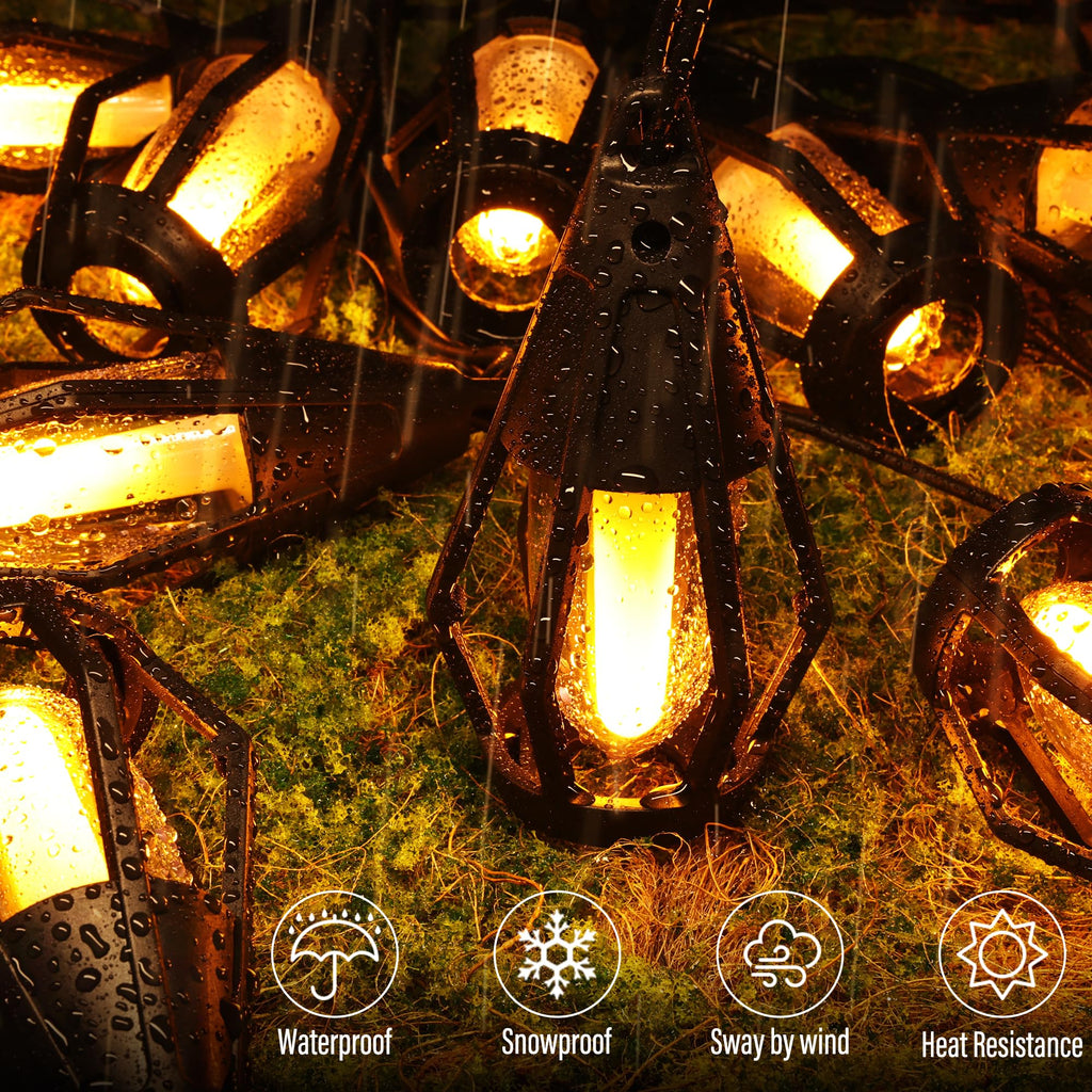 Solar Flame String Lights, 42FT 15 LED Bulbs Waterproof, Warm White