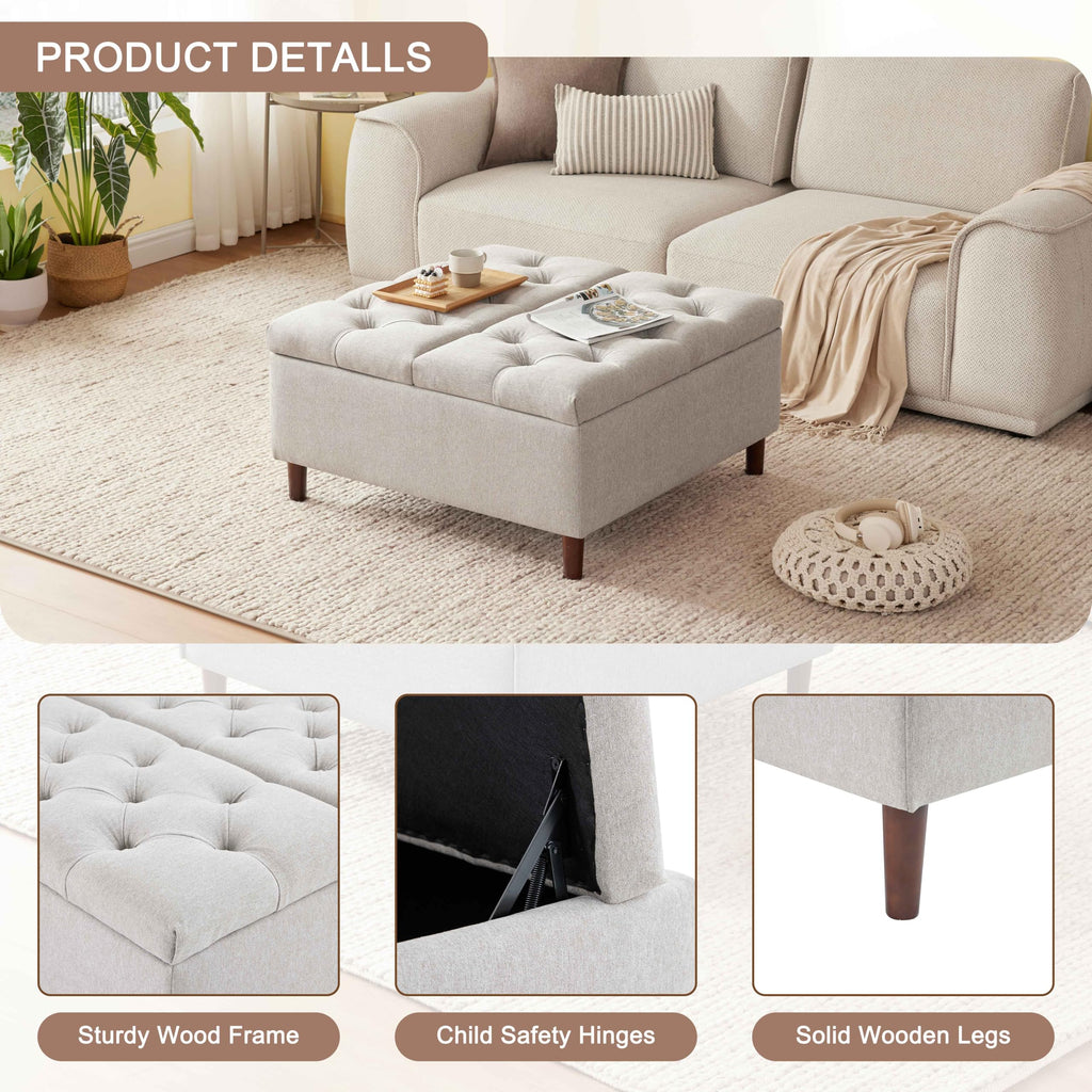 35" Large Storage Ottoman Coffee Table, Square Ottoman, Light Grey