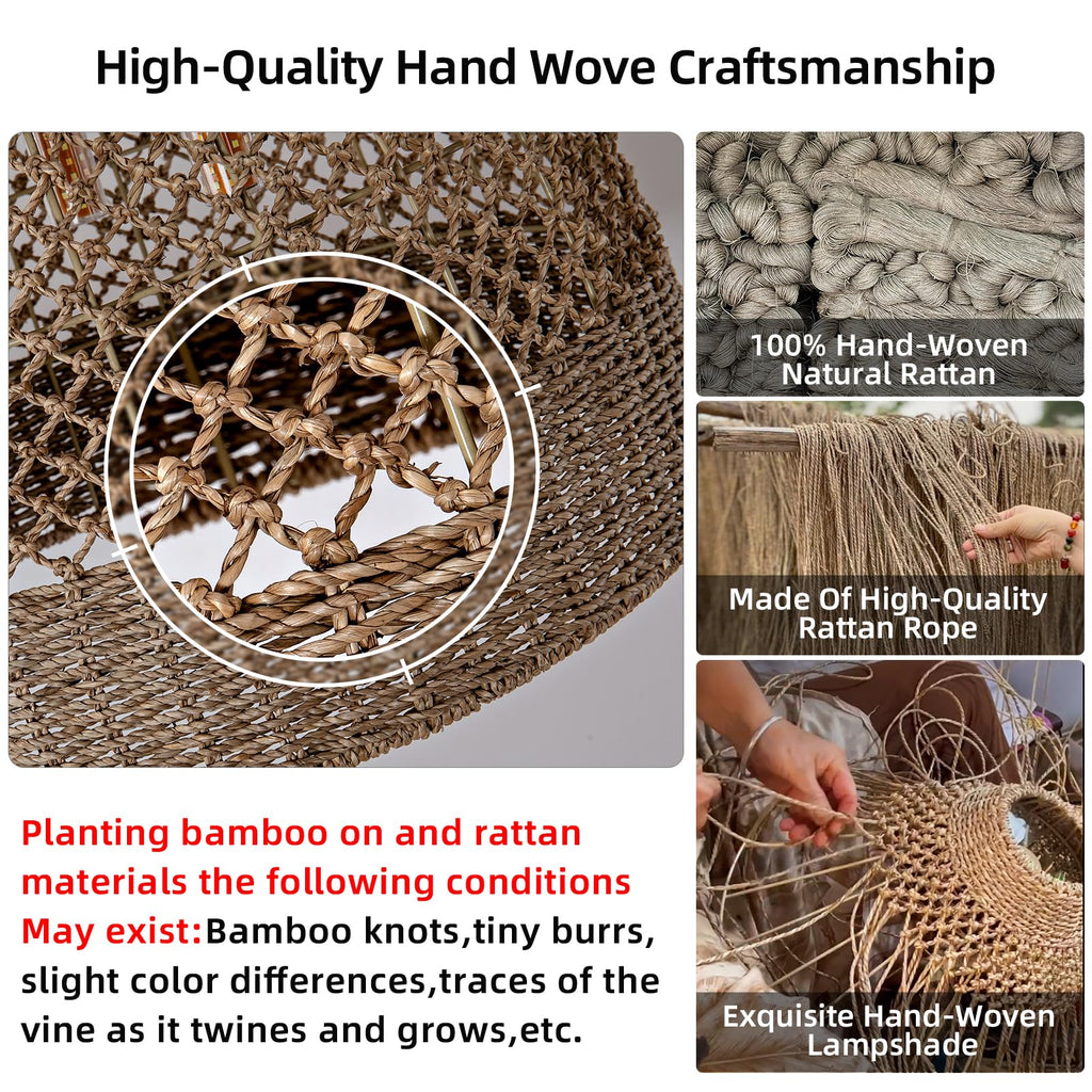 19" Rattan Pendant Light, 3-Light Boho Seagrass Chandelier