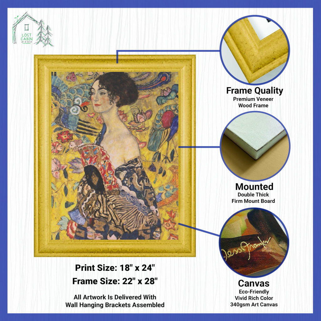Cabin Lady with Fan by Gustav Klimt | Canvas in Gold Beveled Frame | Fine Artwork Painting Reproduction | Framed Wall