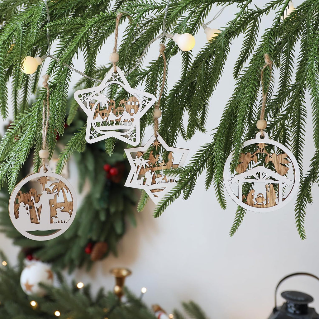 Wooden Nativity Scene Christmas Tree Ornaments Set - Set of 18