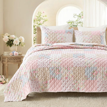 Real Patchwork Quilt Set, 3 Piece Cotton Front Floral Pink Bedding, Boho Farmhouse Reversible Bedspread