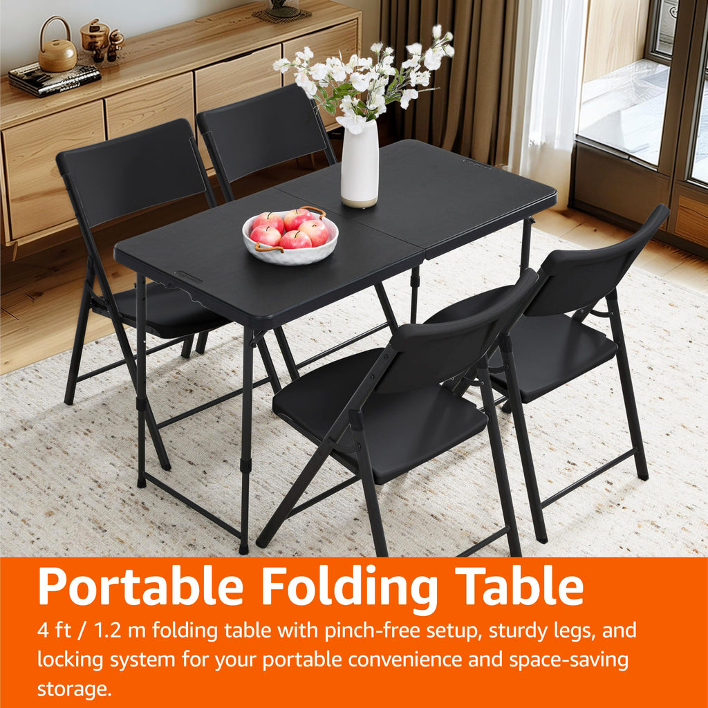Portable 4 Ft Rectangular Folding Dining Table, 4 Adjustable Height Settings, Space Saving Fold-in-Half Design and