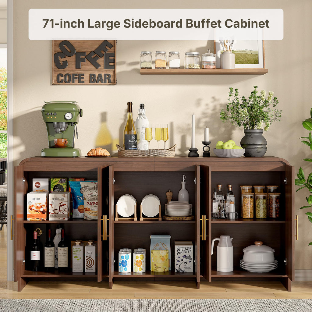 71 Inch Modern Sideboard Buffet Cabinet with Large Storage, 6 Doors, Walnut