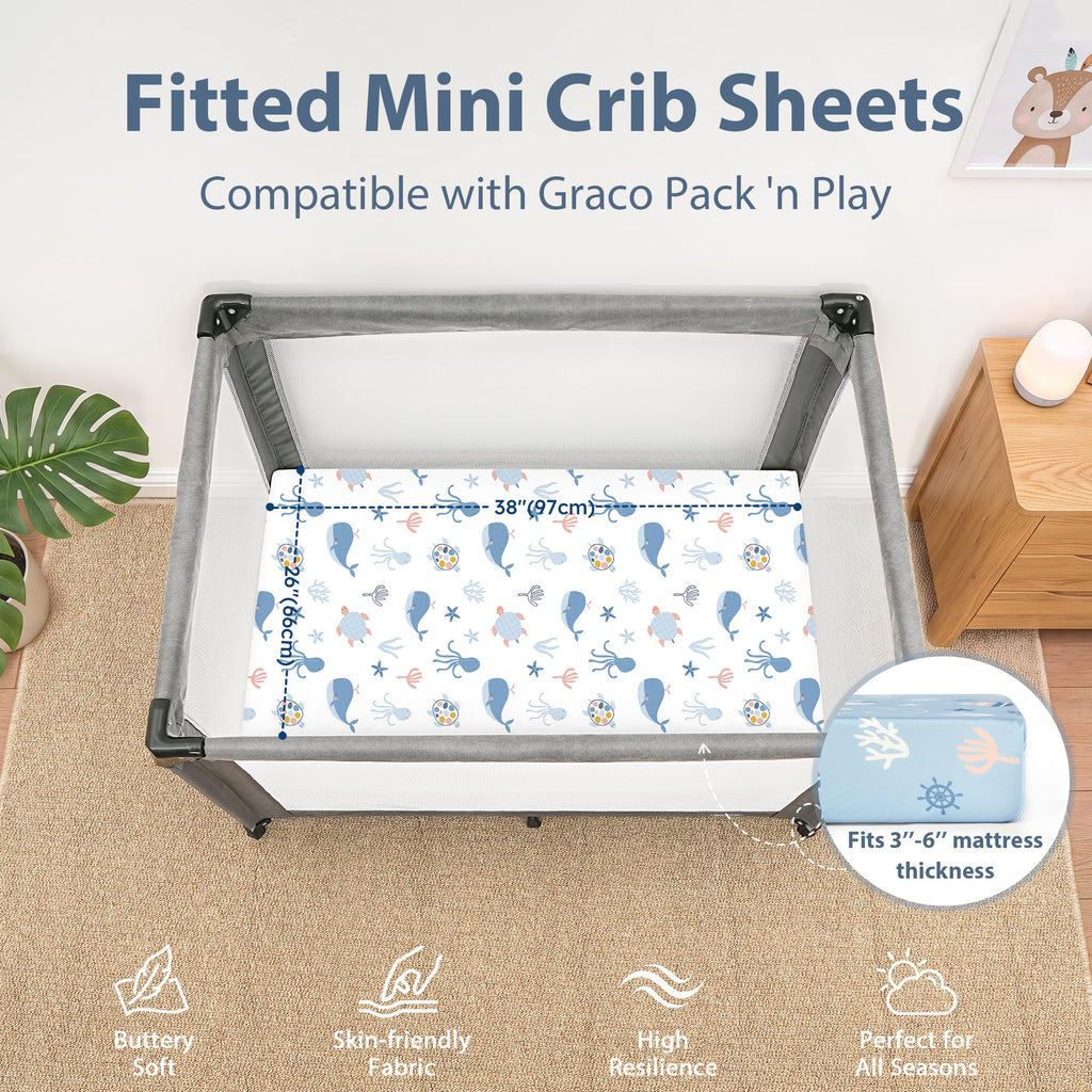 Pack and Play Sheets Fitted, Mini Crib Sheets Boy 38" x 26" 3-Pack