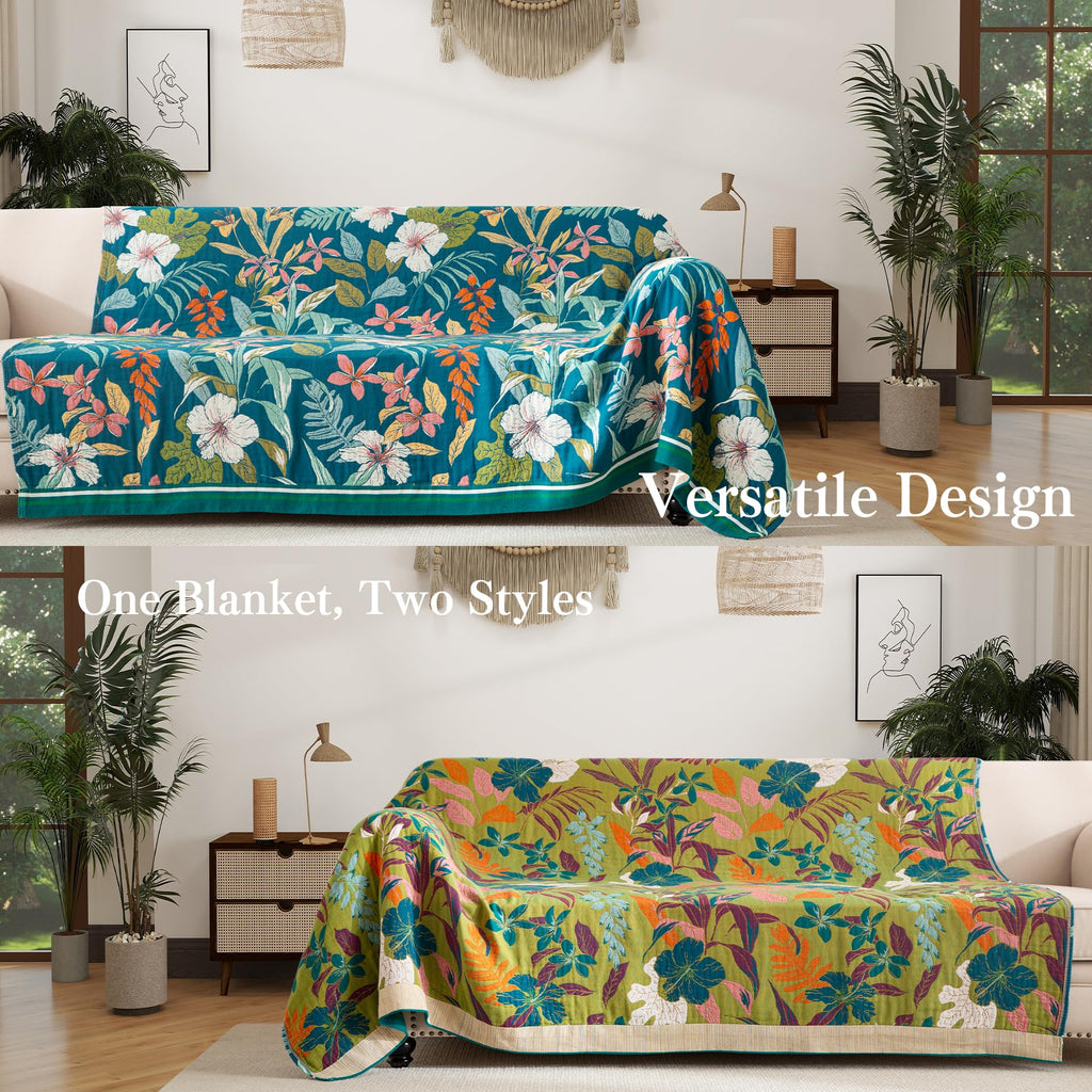 Boho Throw Blanket Twin Size, Soft Cozy Cotton Muslin Quilt Blanket for Bed Decor, Floral Patterned Couch Sofa Chair