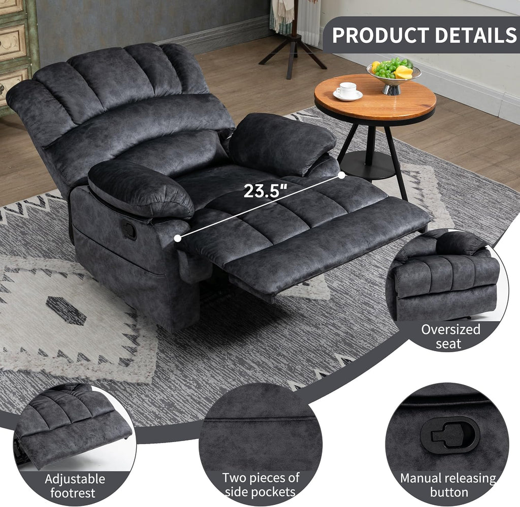 Large Manual Recliner Chair,Soft Fabric Push Back Recliner with Overstuffed Armrest and Backrest, Living Room Single