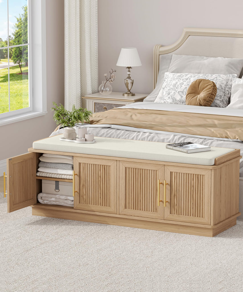 47.2" Fluted Shoe Storage Bench 4 Doors Wooden Entryway Bench Oak