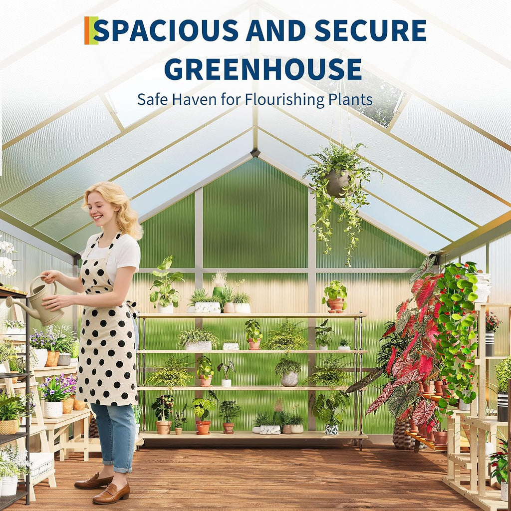 6x6 ft Walk-in Greenhouse, Polycarbonate Panels with Reinforced Aluminum Frame, Large Garden Green House for Planting