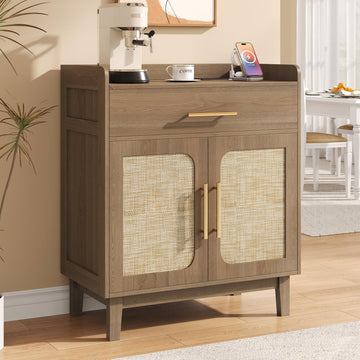 30" with Storage and Drawer, Boho Coffee Bar with Charging Station, Wood Accent Cabinet with Adjustable Shelf & 2