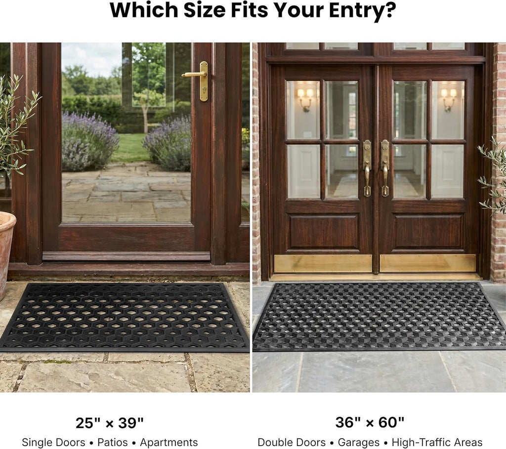 Subhera Collection Heavy Duty Rubber Door Mat 25"×39" Non-Slip Drainage with Dirt Scraper | Outside Doormat for Front
