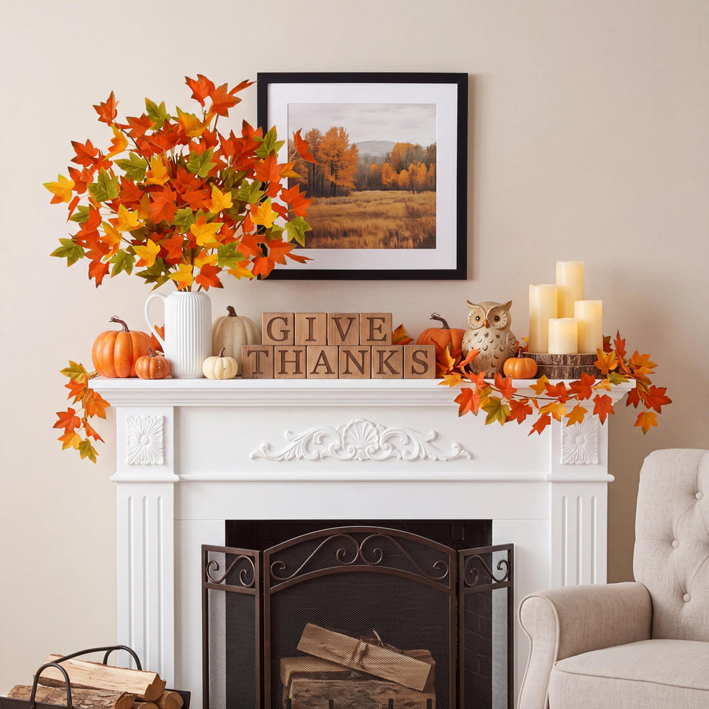 6 Pack Artificial Maple Leaves Branches Fall Greenery Stem Autumn Faux Fall Leaves Silk Faux Plants for Vase Indoor