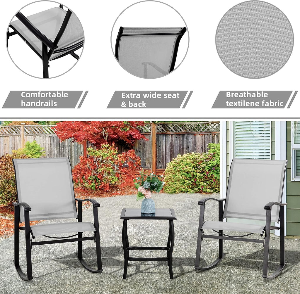 3 Piece Outdoor Rocking Bistro Set, Textilene Fabric Small Patio Furniture Set, Front Porch Rocker Chairs