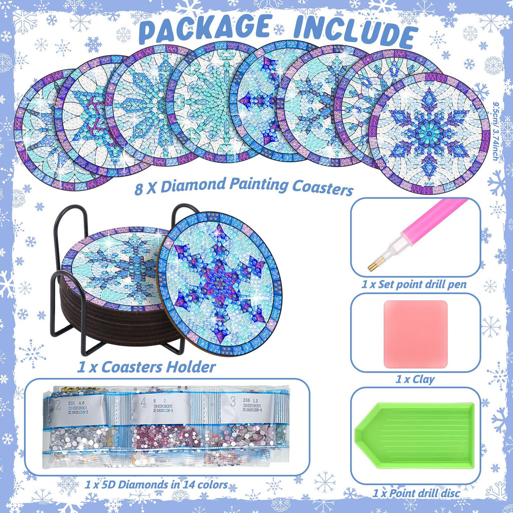 8 Pcs Snowflake Diamond Painting Coasters with Holder, Simple