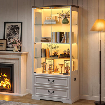 67" Tall Display Cabinet with Glass Doors and 2 Drawers, White | Curio Cabinet with LED Lights, Human Sensor, Display