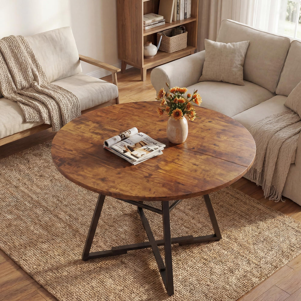 47" Round Dining Table for 4-6, Farmhouse Kitchen Table with Storage Shelf, Wood Circle Table with Pedestal Metal
