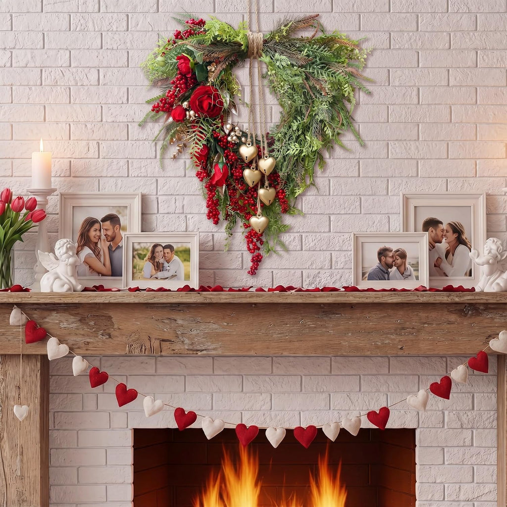 Vintage Spring Wreath 14'' Heart Wreath with 3D Heart Ornaments for Front Door 24'' Long Window Porch Home Wedding