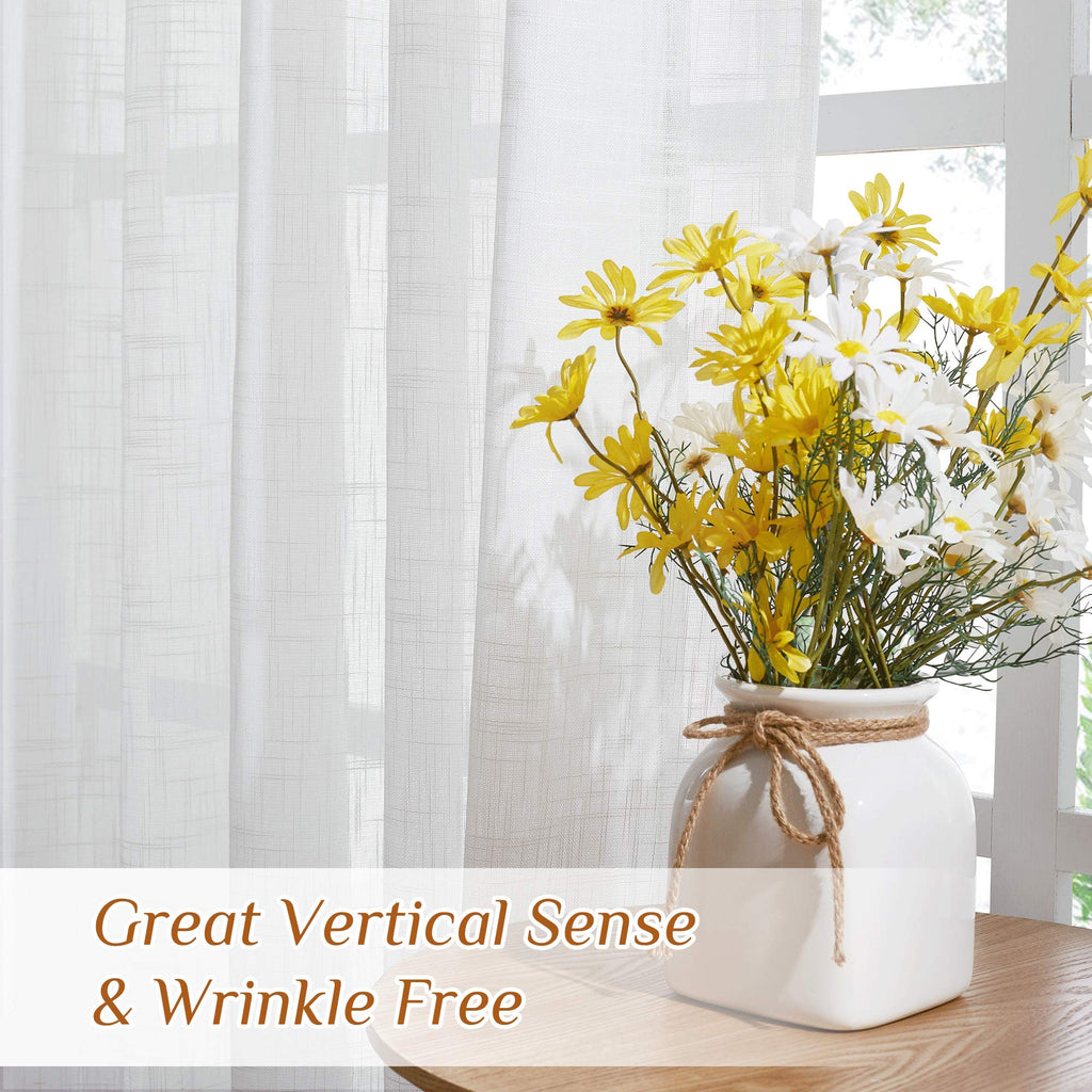 White Linen Sheer Curtains 90" Length, Rod Pocket & Back Tab Window Treatments Semi Sheer Curtain Drapes Privacy with