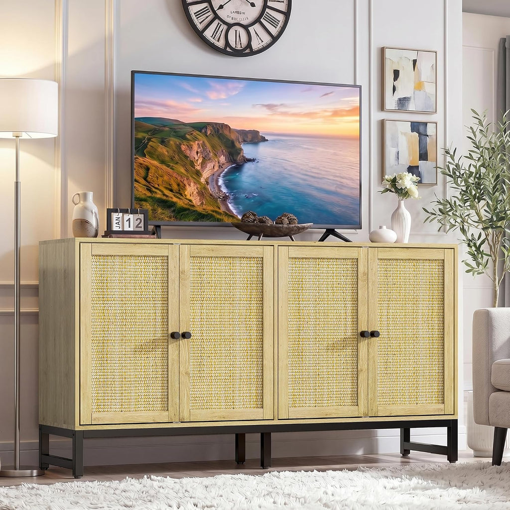 Rattan Sideboard Buffet Cabinet, Natural Storage Credenza Accent Cabinet with 4 Doors, 59" Large Mid Century Modern