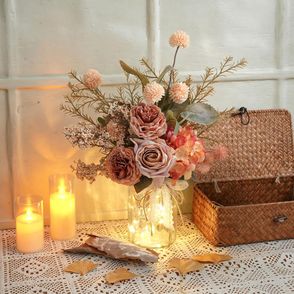 Artificial Fall Flowers with Vase & Lights - Faux Autumn Hydrangea & Rose