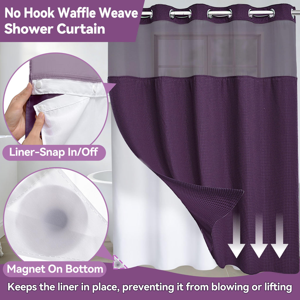 Extra Long No Hook Waffle Weave Shower Curtain with Snap in Liner Set, Hotel Luxury Purple Shower Curtains with See