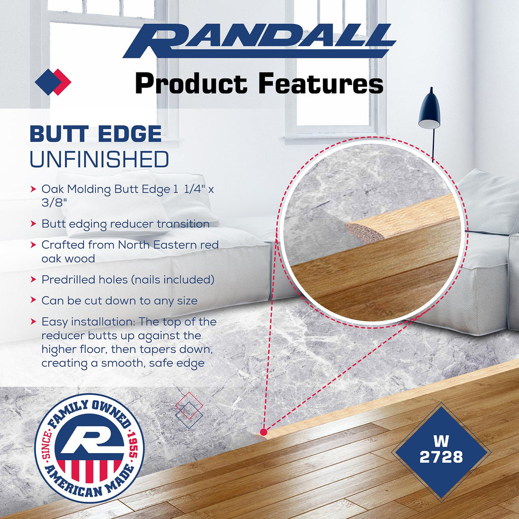 Wood Floor Transition/Overlap Reducer - 36" Red Oak Butt Edging/Reducer - 3/8" Thick x 1-1/4" Wide Unfinished Solid