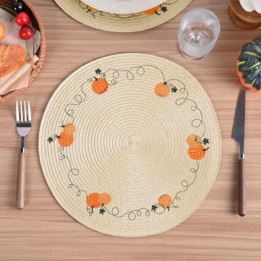 Round Fall Placemats Set of 4 PP Pumpkin Placemats for Dining Table Thanksgiving Harvest Placemats Perfect for Autumn