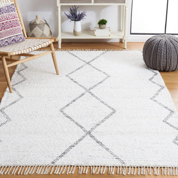 Area Rug - Casablanca Collection - Large - Ivory & Grey, Handmade Cotton, Moroccan Boho Fringe, Ideal, Dining