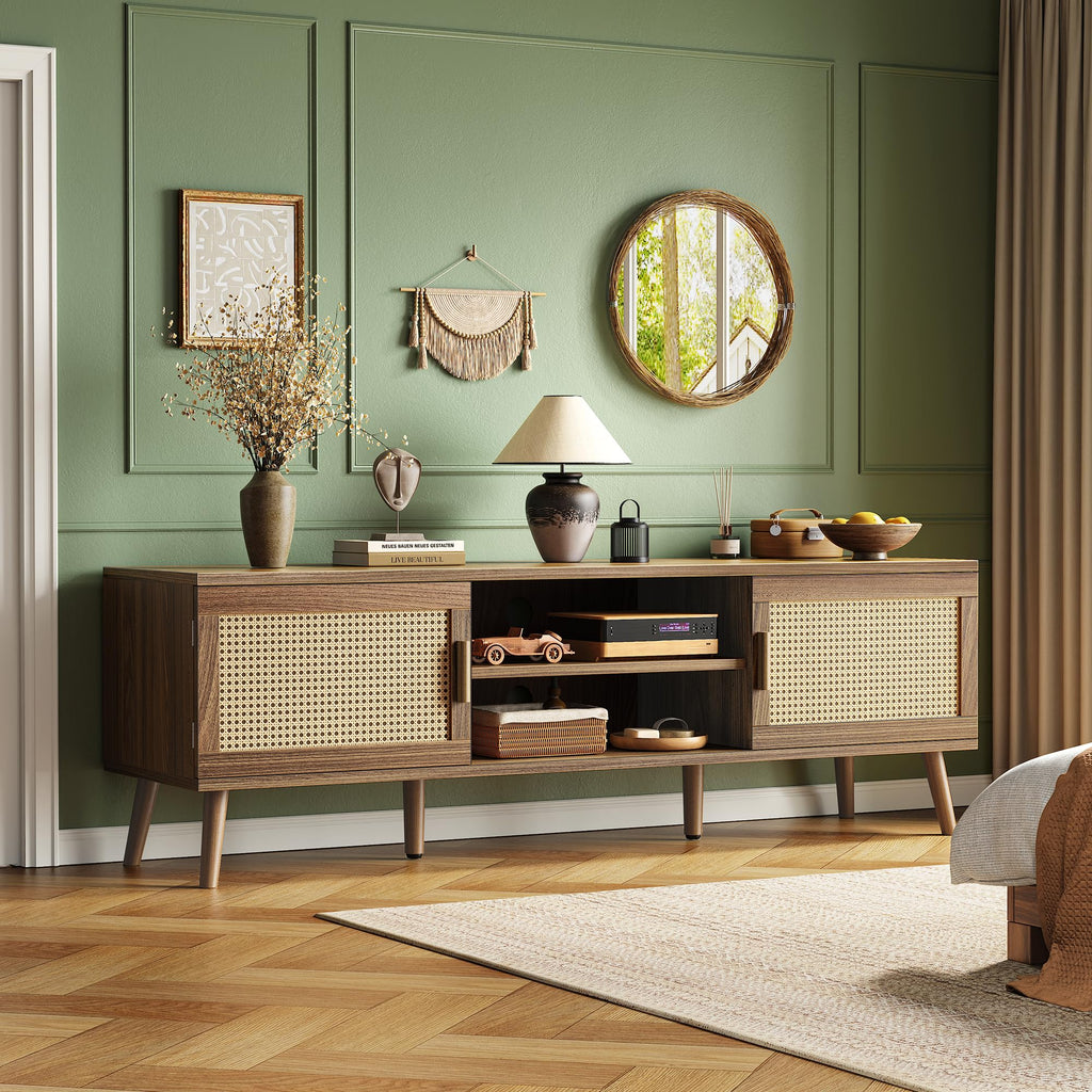 Boho TV Stand for 65 Inch TV, Entertainment Center with Adjustable Shelf, Rattan TV Console with 2 Cabinets, Media