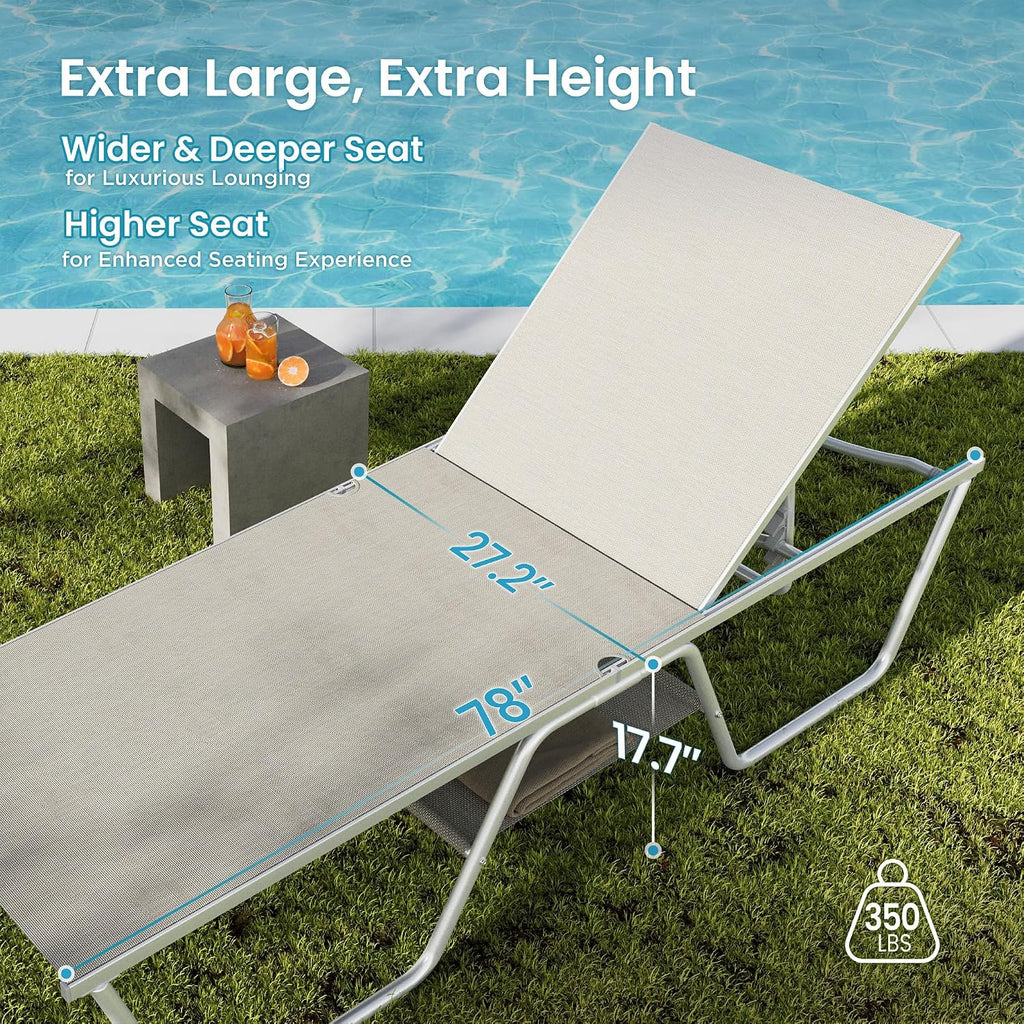 78" Oversized Outdoor Chaise Lounge Chair Set of 2, 27" Extra Wide Foldable, 5-Position Adjustable, UV50+ Textilene