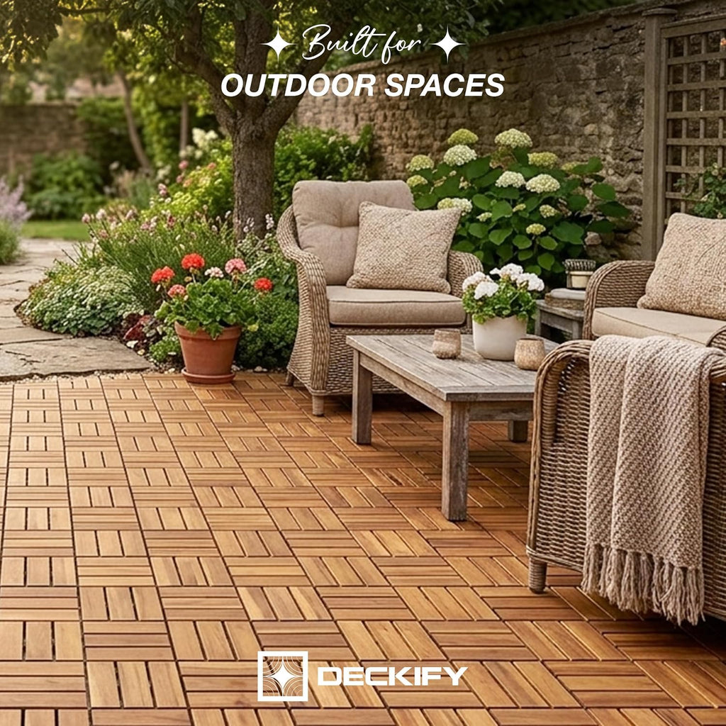 9Pcs Acacia Wood Interlocking Patio Deck Tiles, 12 x 12 x 0.9 Inch Outdoor Flooring, Waterproof for All-Weather Use