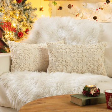 Set of 2 Christmas Snowflake Beige Throw Pillow Covers 12x20