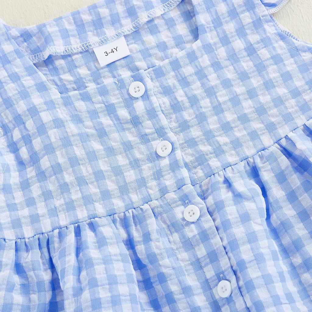 Girls Summer Outfits Ruffle Sleeve Button Up Dress Tops Plaid Linen Pants Spring Toddler Girl Clothes