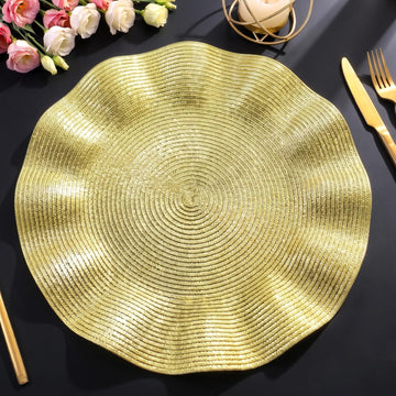 Gold Woven Placemats, Round Table Mats with Scalloped Edge - Set of 6