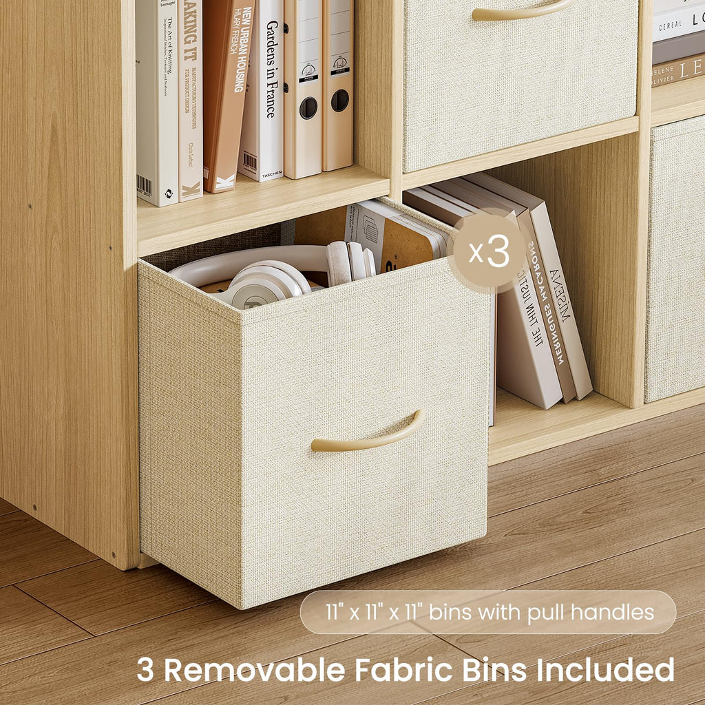 6 Cube Storage Organizer - Solid Wood Bookshelf with 3 Storage Bins, Cube Shelf with 2 Removable Back Panels