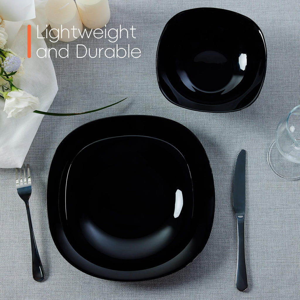 Square Dinnerware Sets for 4, 12 Piece Black Opal Glass Set