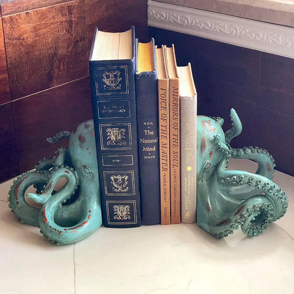 Set of 2 Octopus Decorative Bookends, 10 Inch Aqua Resin | Lifelike Tentacle Sculpting, Felt Pad Feet Help Protect