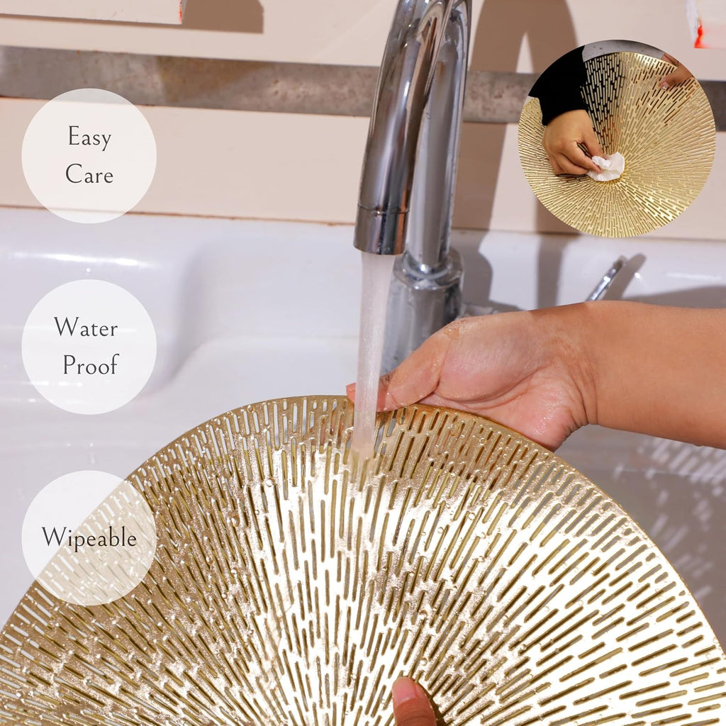 Round Gold Placemats, Gold Vinyl Metallic 15 Inch Round Placemat, Washable Wipeable Hollow Place Mats Non - Set of 12
