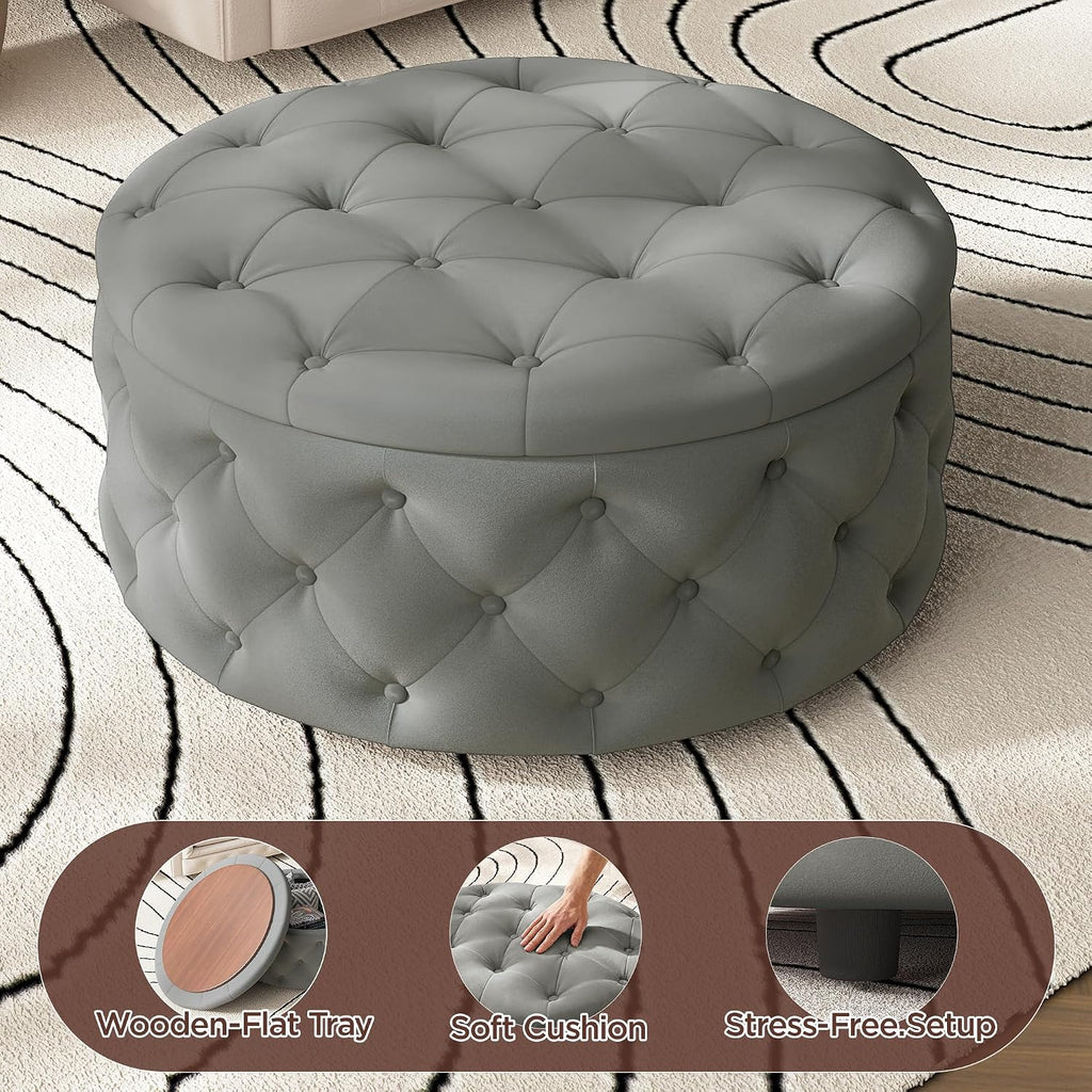 30 Inch Round Ottoman with Storage Tray,Large Coffee Table | Circle Modern Button Footstool with Removable Lid,Cozy