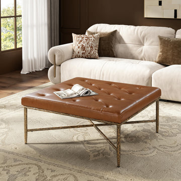 36" Square Tufted Ottoman Coffee Table, PU Leather Footstool (Brown)